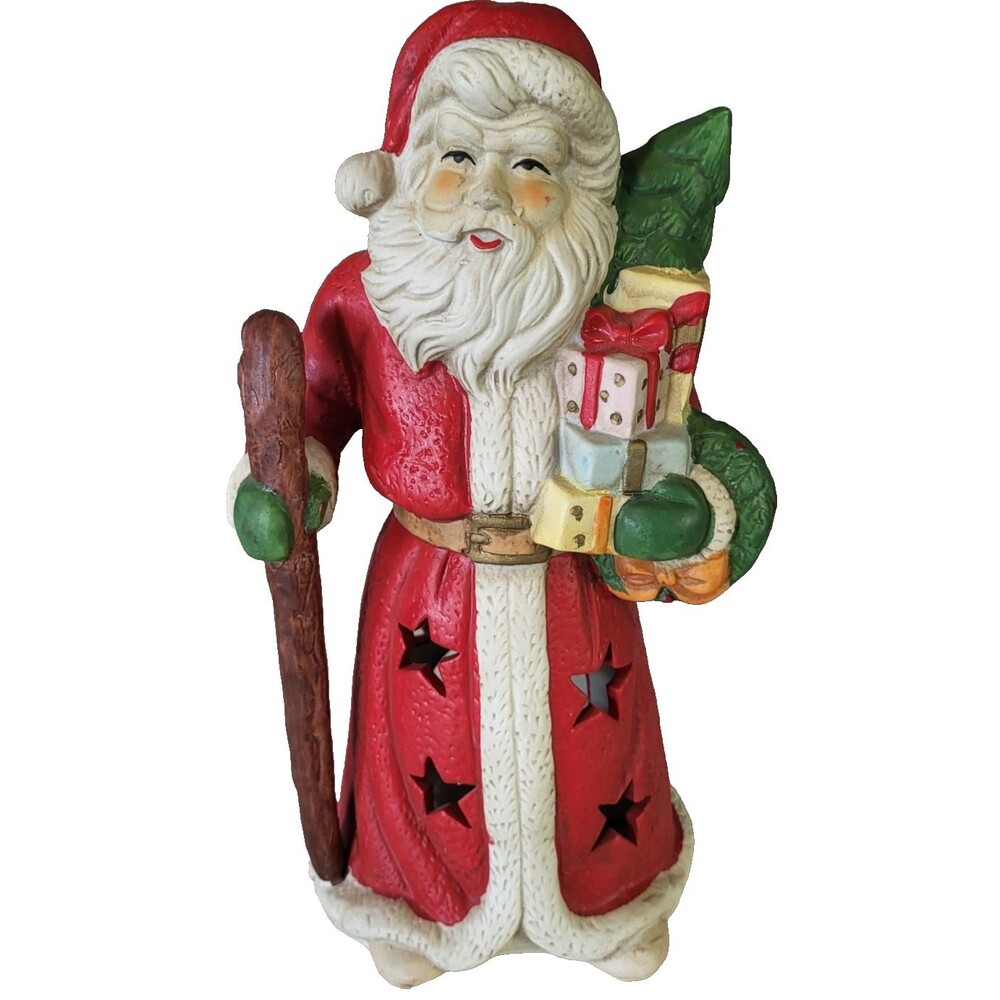 Hand Painted Ceramic Santa 11 inch tall Tea Light Holder Star Cutouts Early 2000